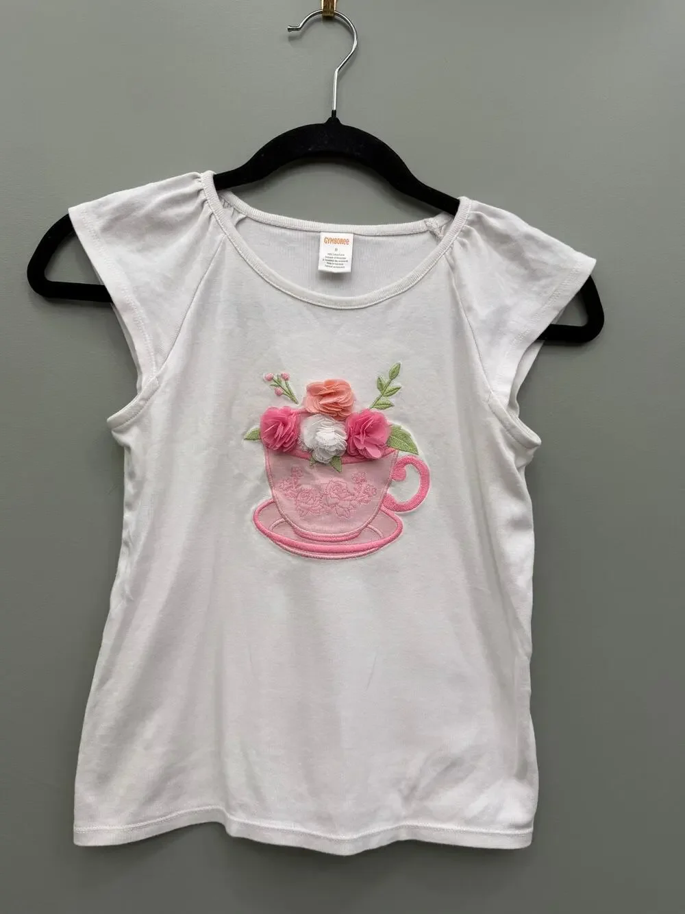 Gymboree Girls Floral Teacup Appliqué Top Size 8 Cottagecore Pink Rosette Tee